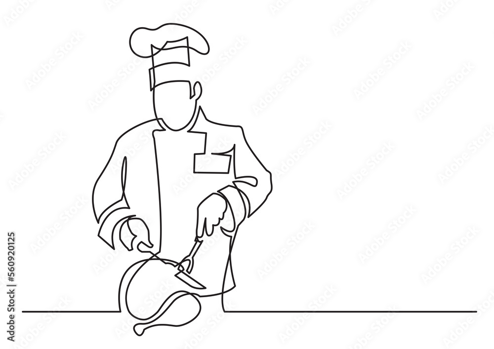 continuous line drawing chef cutting turkey - PNG image with transparent background