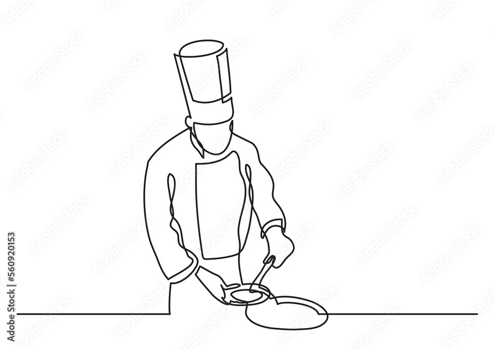 continuous line drawing chef making meal - PNG image with transparent background