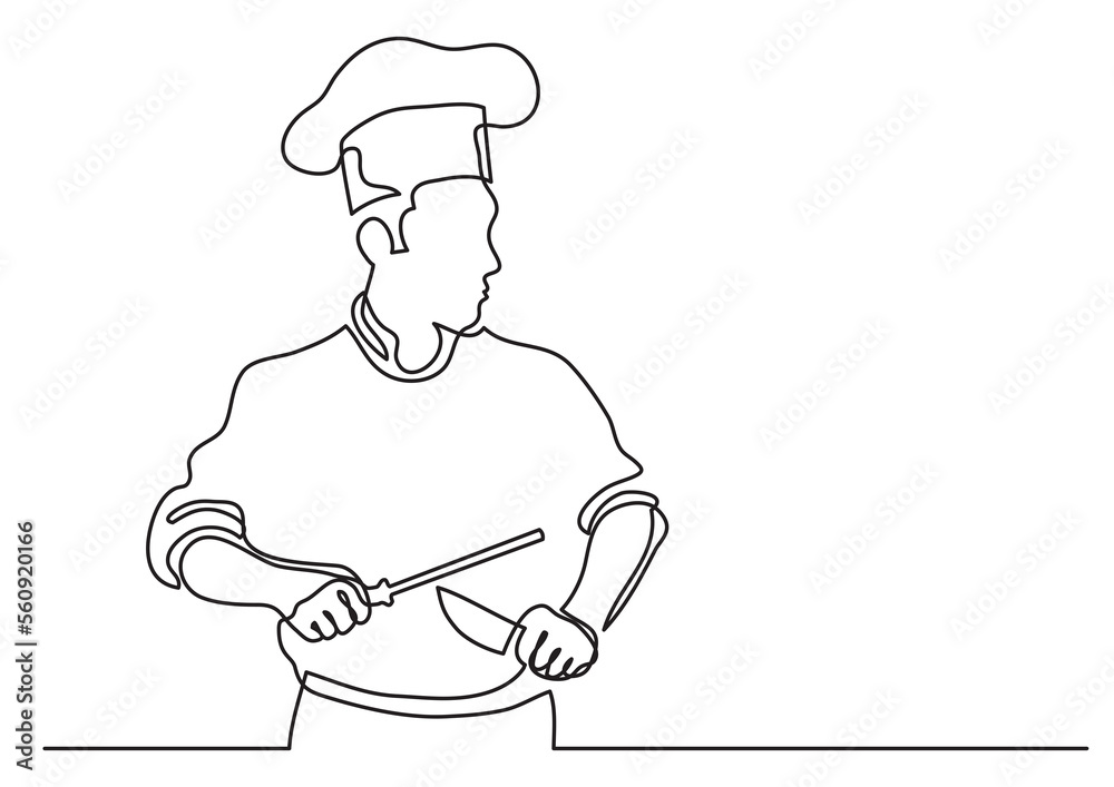 continuous line drawing chef sharpening knife - PNG image with ...