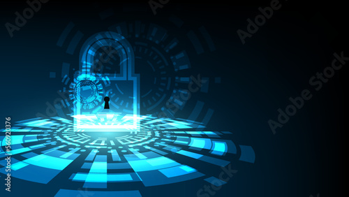 digital padlock with HUD virtual screen on dark blue background. cyber security technology and privacy data protection concept