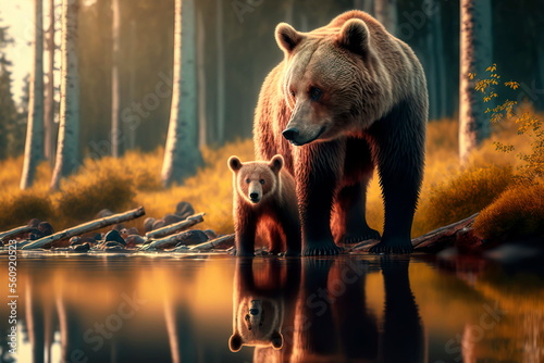 Beautiful female bear with a bear cub in the taiga Generative AI photo
