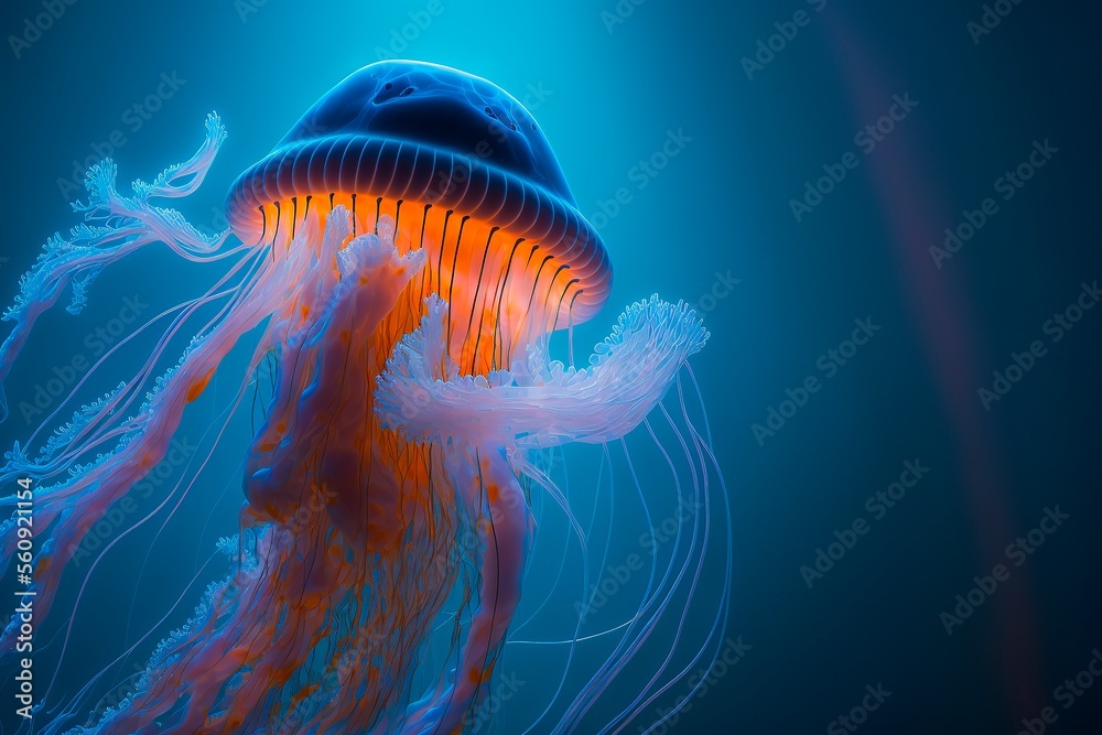 glowing jellyfish chrysaora pacifica underwater. Blue neon glow light effect. generative ai