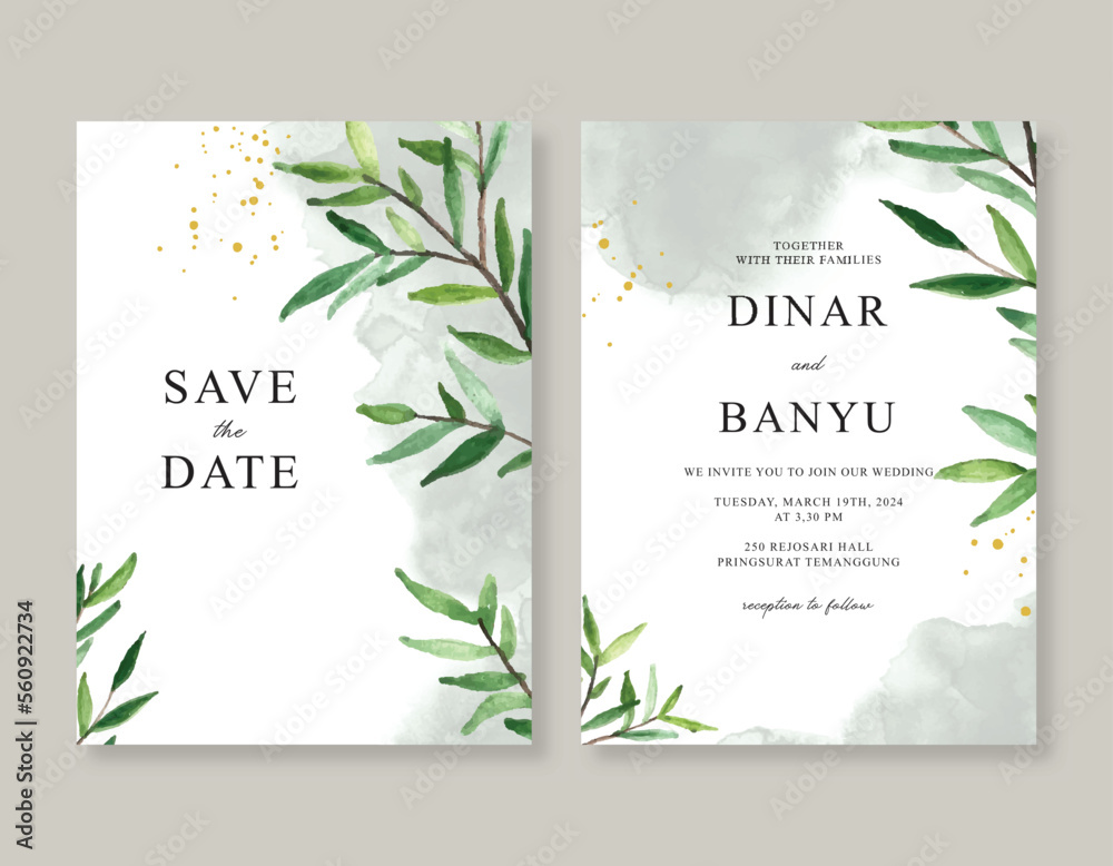 Wedding invitation template with hand painted watercolor green leaves