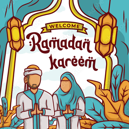 Ramadan background with hand drawn of muslim people and islamic ramadan ornament