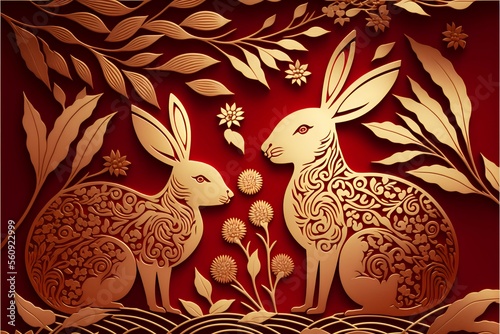 Chinese New Year, year of the rabbit, 2023 celebration, bunny paper cut carvings on red and gold background.