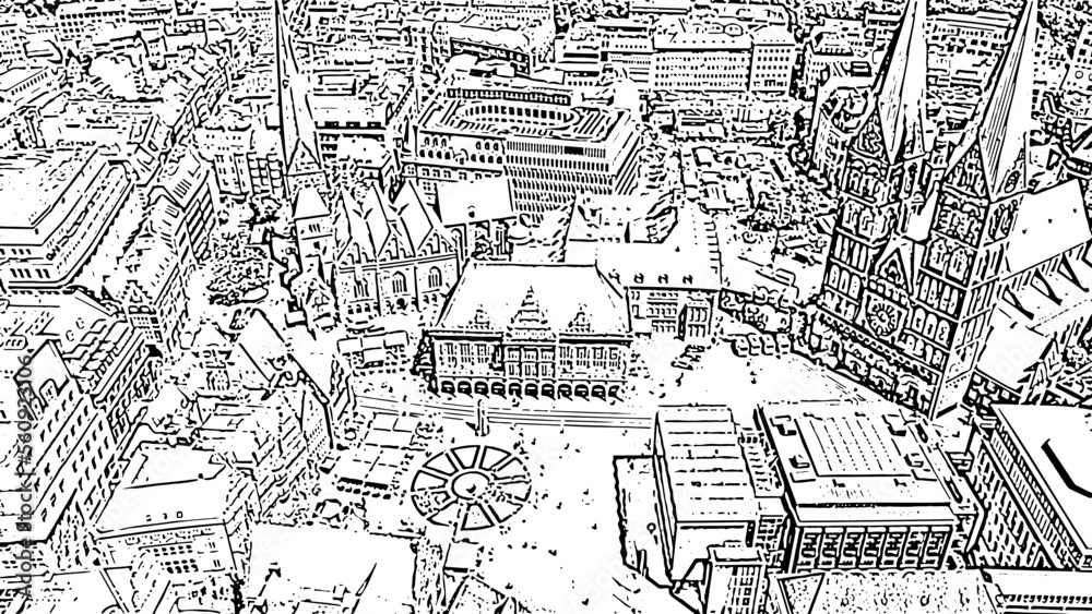 Bremen, Germany. Bremen Market Square ( Bremer Marktplatz ), Bremen Cathedral ( St. Petri Dom Bremen ). Doodle sketch style. Aerial view