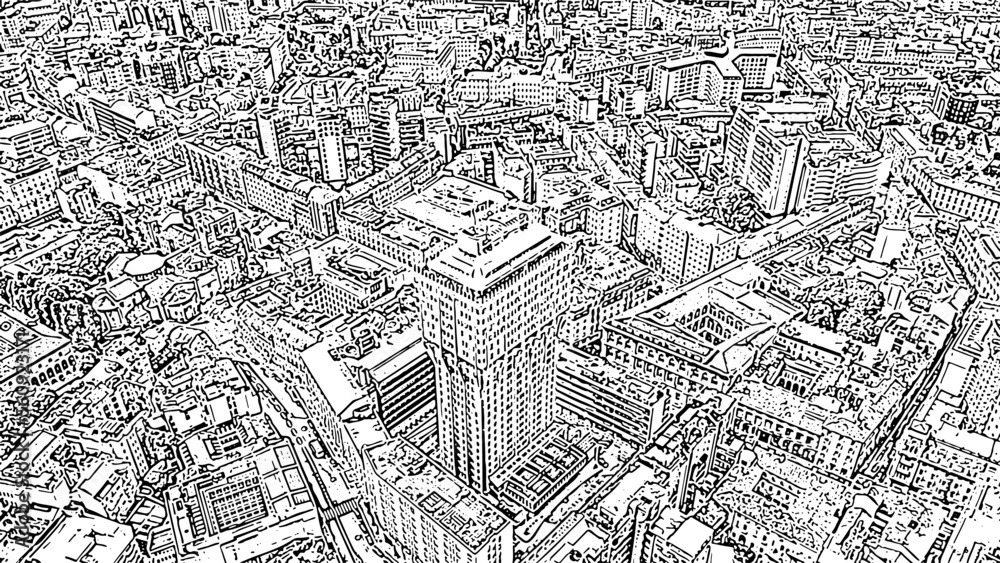 Milan, Italy. Skyscraper in the city center. Roofs of the city. Doodle sketch style. Aerial view