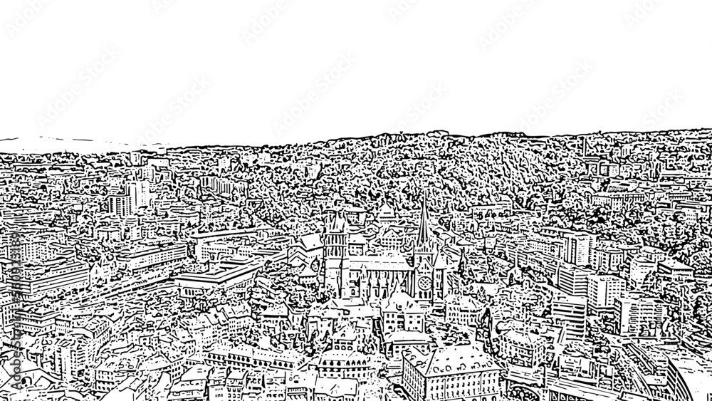 Lausanne, Switzerland. Cathedral of Lausanne. La Cite is a district historical centre. Doodle sketch style. Aerial view