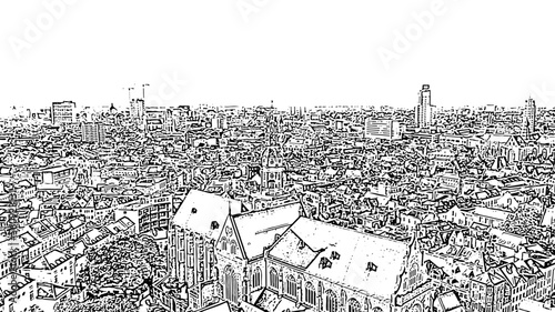 Antwerp, Belgium. St. Paul s Cathedral (Sint-Pauluskerk). Doodle sketch style. Aerial view photo