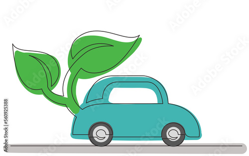 continuous line drawing green energy car symbol 2 colored - PNG image with transparent background