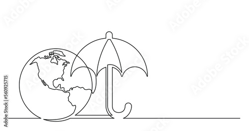 continuous line drawing of world planet with umbrella weather icon - PNG image with transparent background