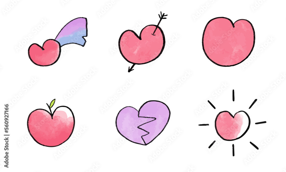 Set of Pink and red heart watercolor shapes. Hand drawn vector illustration. Painted with watercolour paints and brushes symbol.