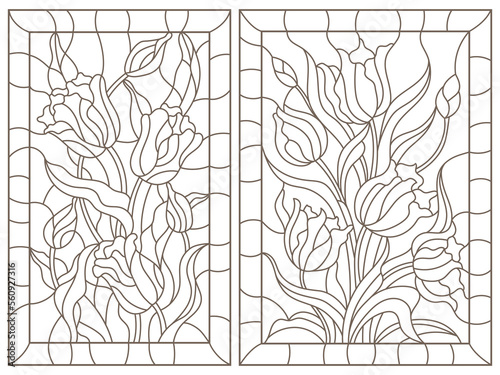 A set of contour illustrations of stained glass Windows with Tulips in frames, dark contours on a white background, rectangular images