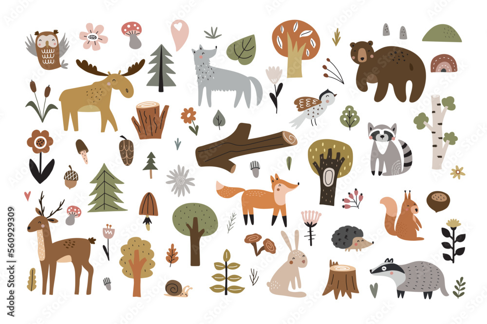 Fototapeta premium Set of cute forest animals and scandinavian forest elements isolated on white background. Vector illustration for your design