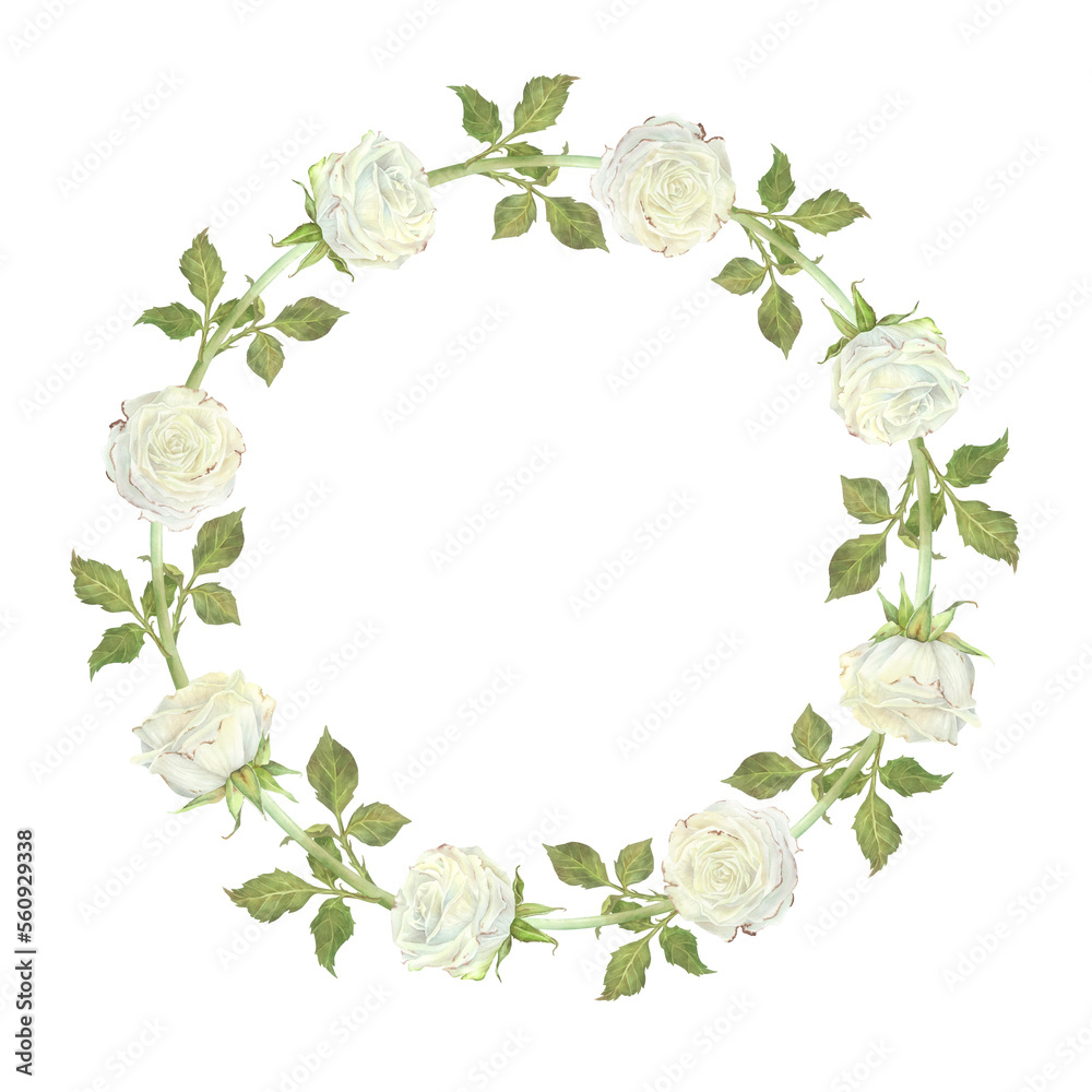 Round wreath of white roses and buds with leaves. Place for inscription or text. Watercolor illustration. Isolated on a white background. For design of dishes, greeting card, wedding invitation