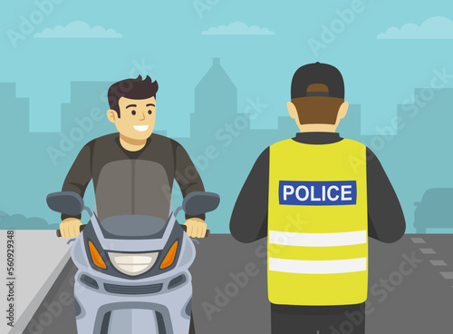 Traffic police officer pulls over a motorcyclist without helmet on a city road and checks driver license. Young male rider looking at police officer. Front view. Flat vector illustration template.