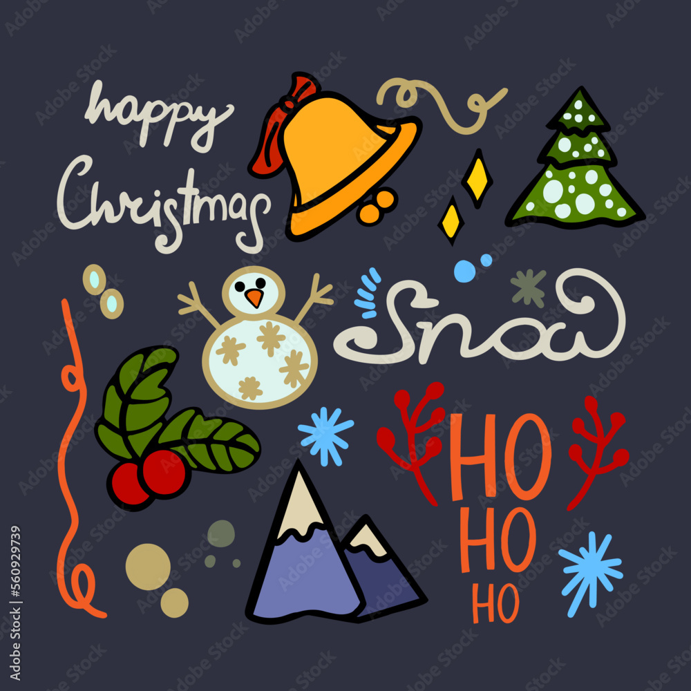Beautiful Christmas card with a snowman, a bell, snowy mountains and a Christmas tree. Vector concept of Christmas card. For printing clothes, dishes, bedding, wrapping paper, blanks for designers Beautiful Christmas card with a snowman, a bell, snowy mountains and a Christmas tree. Vector concept of Christmas card. For printing clothes, dishes, bedding, wrapping paper, blanks for designers