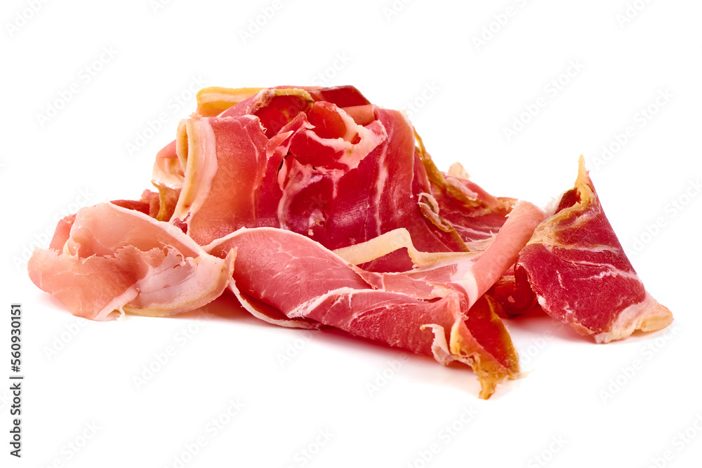 Italian prosciutto crudo or jamon. Raw ham. Isolated on white background Italian prosciutto crudo or jamon. Raw ham. Isolated on white background
