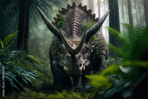 Hyperrealistic Triceratops Dinosaur In the Jungle Generative AI © severin