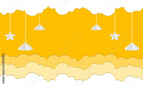 paper cut style clouds and stars background with shades of yellow like the afternoon and text space