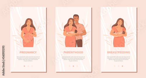 Set of pregnancy, breastfeeding and motherhood concept illustrations for banner, website or mobile app. Woman feeding baby, parents with child. Vector illustration.