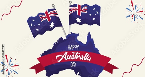 Happy Australia day lettering. Map of Australia with flag. 26 January. Australia day celebration 4k Video Animation. Australian Flag. photo