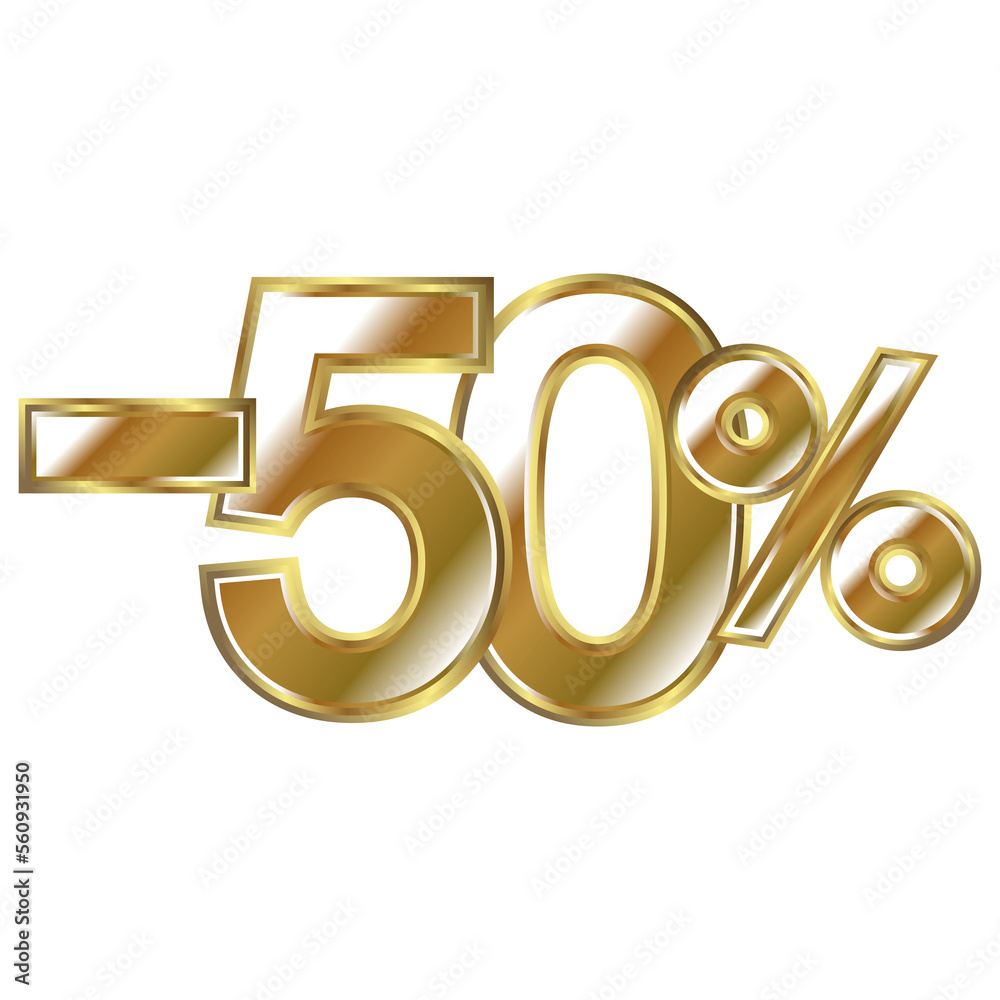 Discount minus 50 percent, golden shiny numbers banner element. Special offer price reduction message promotion store design Discount minus 50 percent, golden shiny numbers banner element. Special offer price reduction message promotion store design