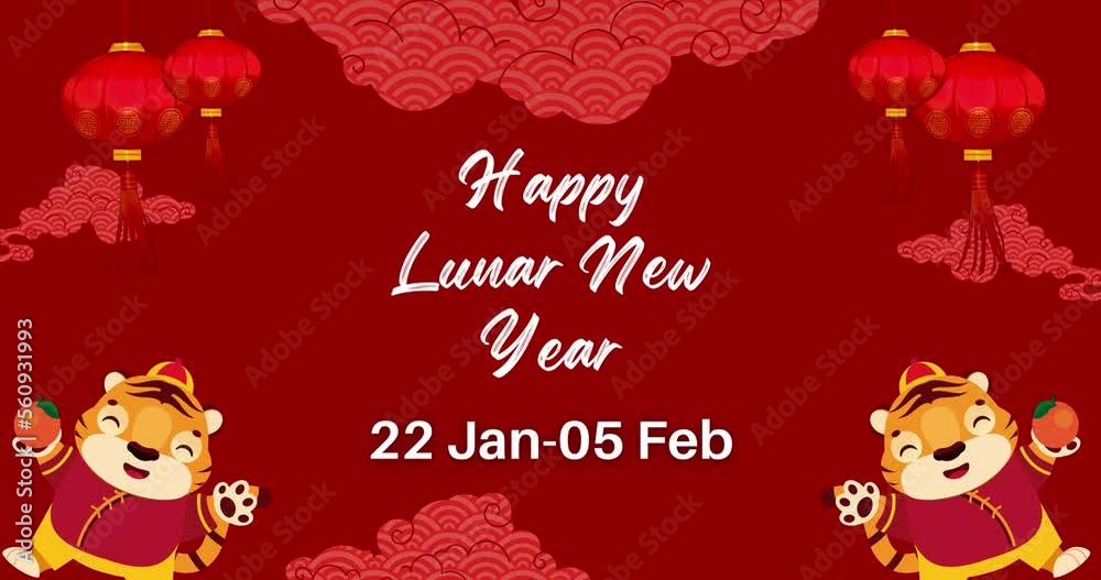 Chines Lunar New Year 2023. Colored red and gold, decorated with lanterns and flower trees. Chines Lunar New Year 2023 4k Video Animation. 22 January-05 February.