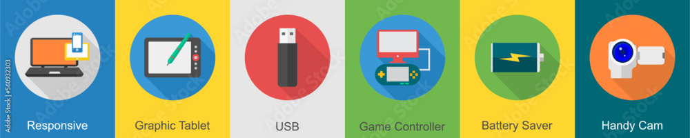A set of 6 computer and Hardware icons as responsive, graphic tablet, usb A set of 6 computer and Hardware icons as responsive, graphic tablet, usb