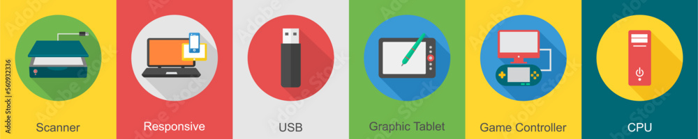 A set of 6 computer and Hardware icons as scanner, responsive, usb A set of 6 computer and Hardware icons as scanner, responsive, usb