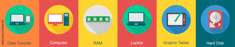 A set of 6 computer and Hardware icons as data transfer, computer, ram A set of 6 computer and Hardware icons as data transfer, computer, ram
