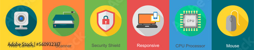 A set of 6 computer and Hardware icons as web camera, scanner, security shield