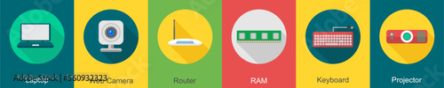 A set of 6 computer and Hardware icons as laptop, web camera, router