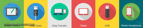 A set of 6 computer and Hardware icons as graphic tablet, usb cable, data transfer