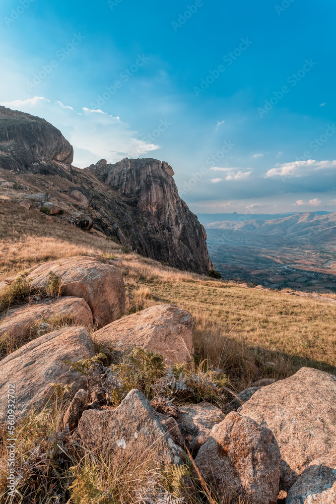 Obraz premium Andringitra national park, Haute Matsiatra region, Madagascar, beautiful mountain landscape with trail to Chameleon peak and massifs. Hiking in Andringitra mountains. Madagascar wilderness landscape.