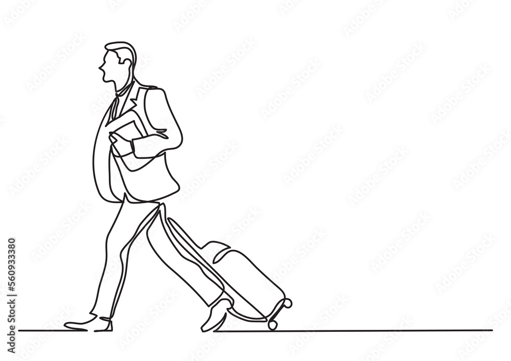 single line drawing businessman walking with laggage - PNG image with ...