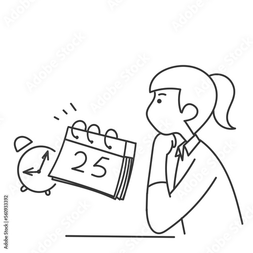 hand drawn doodle woman looks at calendar and realizes something illustration