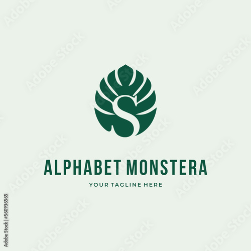 Alphabet Letter S  typography Logo custom green monstera deliciosa logo design vector illustration