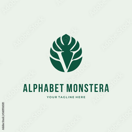 Alphabet Letter V  typography Logo custom green monstera deliciosa logo design vector illustration