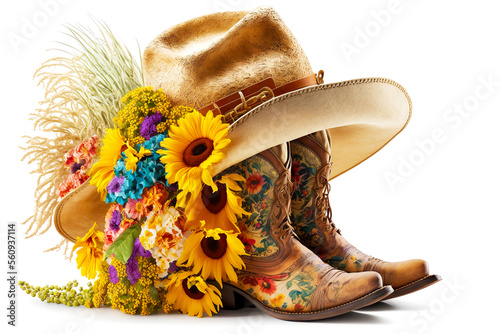 Tableau sur toile cowboy boots for cowgirl with bouquet of flowers and hat isolated on white