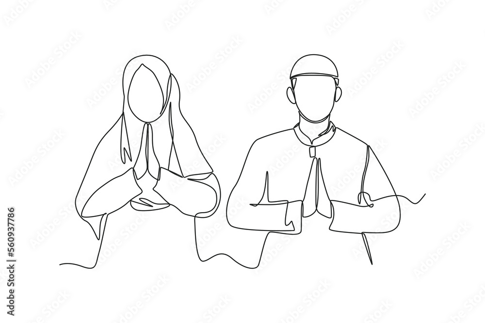 Continuous one line drawing Ramadan greetings with couple of Muslim. Ramadan Concept. Single line draw design vector graphic illustration. Continuous one line drawing Ramadan greetings with couple of Muslim. Ramadan Concept. Single line draw design vector graphic illustration.