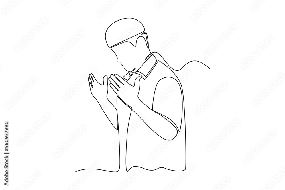Continuous one line drawing Muslim man praying with his hands. Ramadan Concept. Single line draw design vector graphic illustration.