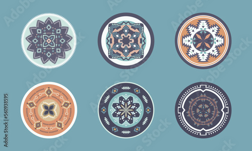 Set of Ethnic decorative elements. Round ornament patterns. Tribal rugs with geometric design.