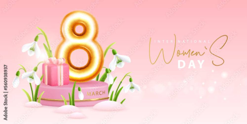 International happy women`s day greeting card. Realistic golden metal number eight, Snowdrop Flowers and gift box. March 8. Vector illustration International happy women`s day greeting card. Realistic golden metal number eight, Snowdrop Flowers and gift box. March 8. Vector illustration