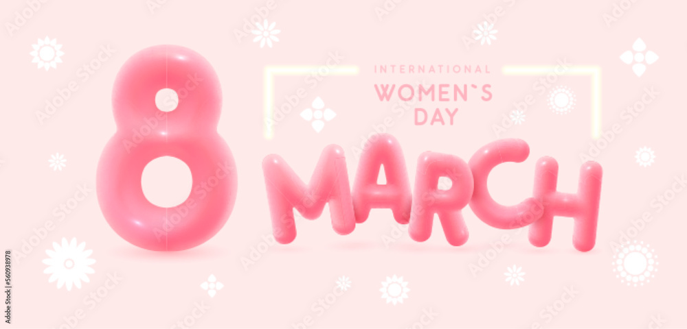 International happy women`s day greeting card. Realistic pink plastic number eight  and spring flowers. March 8. Vector illustration