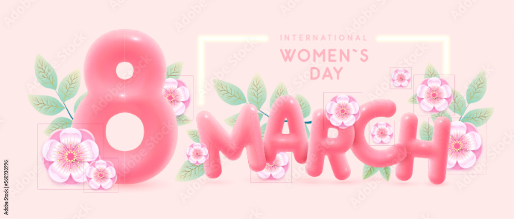 International happy women`s day greeting card. Realistic pink plastic number eight, spring flowers and green leaves. March 8. Vector illustration