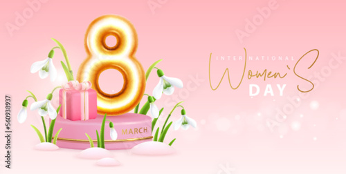 International happy women`s day greeting card. Realistic golden metal number eight, Snowdrop Flowers and gift box. March 8. Vector illustration