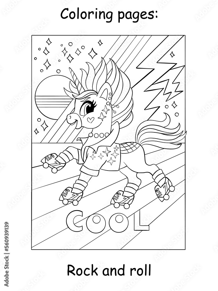 Obraz premium Cute cool unicorn in roller skates at the disco kids coloring