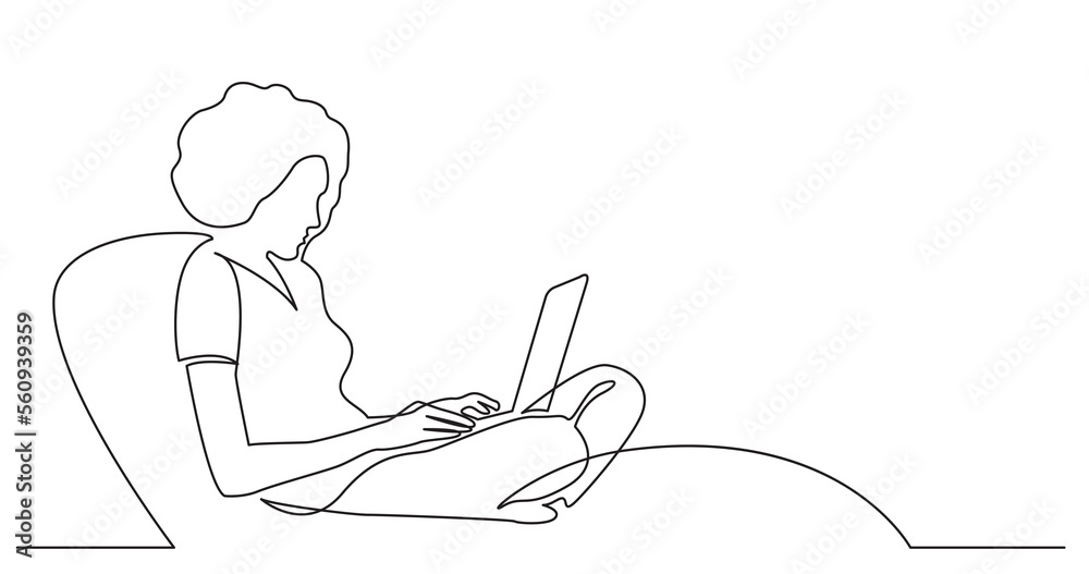 one line drawing of woman sitting on lounge chair with laptop working ...
