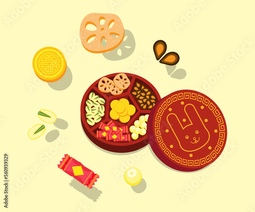 Illustration vector flat cartoon of red Chinese candy box isolated on background top view. Happy Chinese new year gift. Chocolate coins, Dried candied ,lotus seed, Dried candied lotus root, Melon seed